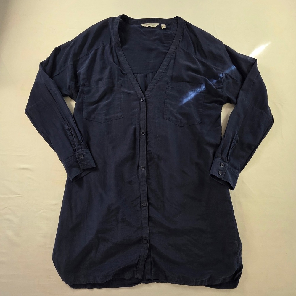 Athleta Sheer Tunic Shirt Dress Silk Blend Navy Blue Large Relaxed Coastal‎